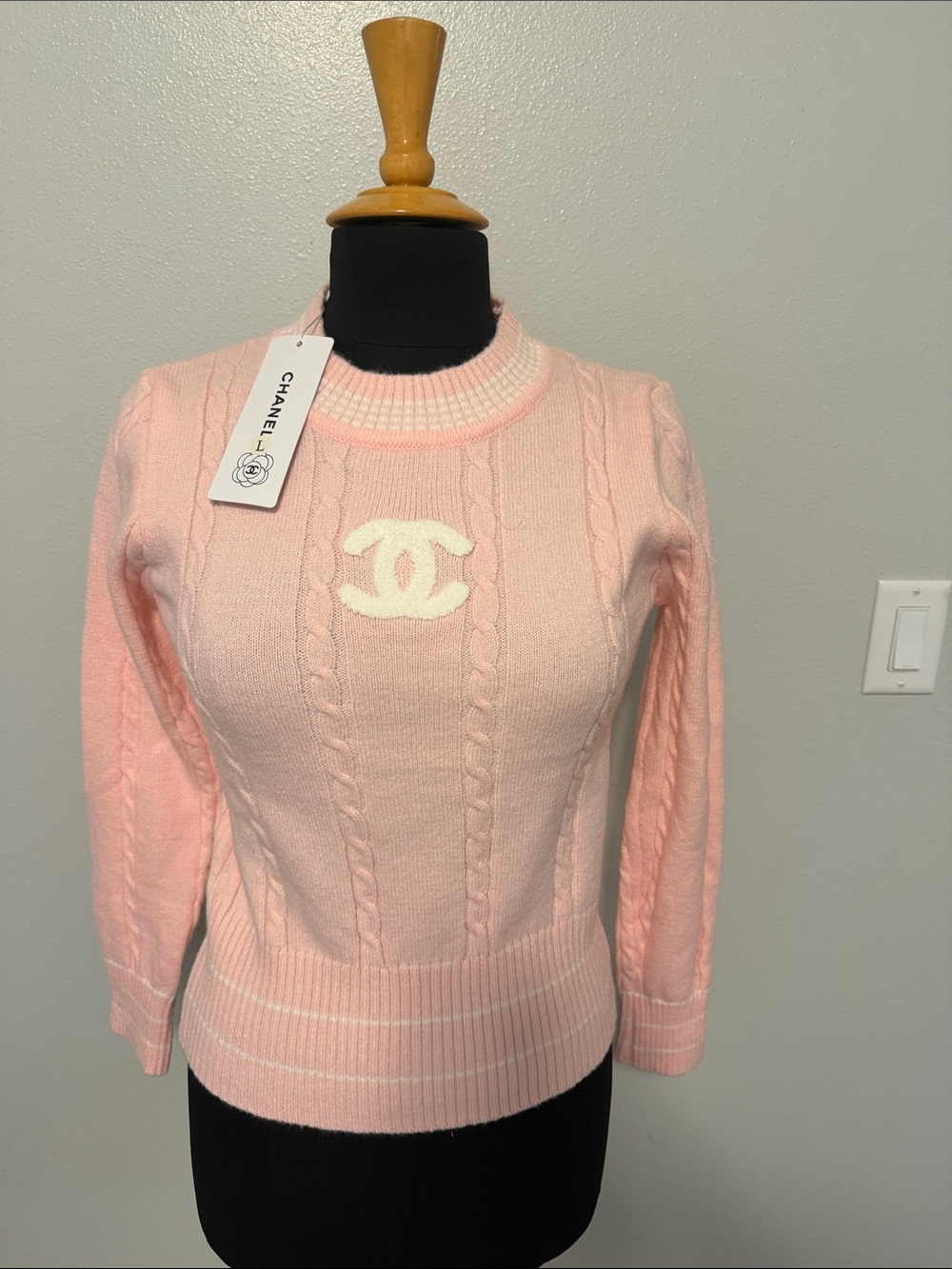 CHANEL Pink Cable Knit Crewneck Sweater with White CC Logo